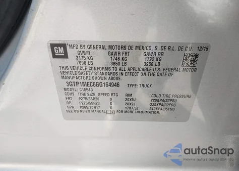 2016 GMC Sierra 1500 Sle z USA, uszkodzony, nr VIN 3GTP1MEC6GG164946